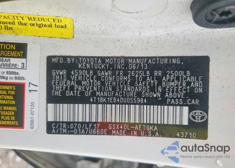 2013 Toyota Avalon Base from USA, damaged, VIN 4T1BK1EB4DU055984